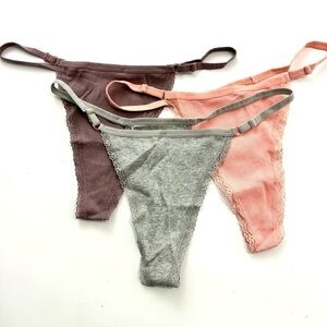 Finetoo Women’s Sz L/XL Ribbed Cotton Blend Lace Trim Thongs Underwear 3pc Lot